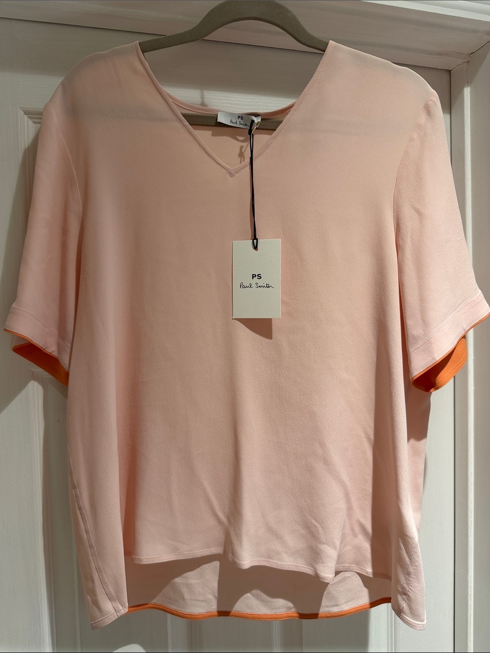 Paul Smith Light Pink V-Neck Short Sleeve Tee with Orange Trim